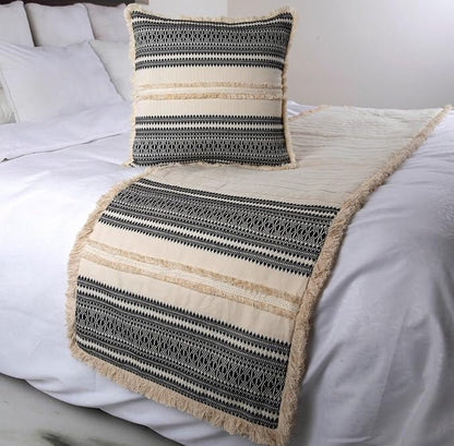 The HomeCentric Beige Bed Runner Without Pillow Cover, King Size 90"x18" Decorative Bed Runner, Beige & Black Linen Bed Scarf in Quilted, Natural Linen with Lace - Moroccan Vibe