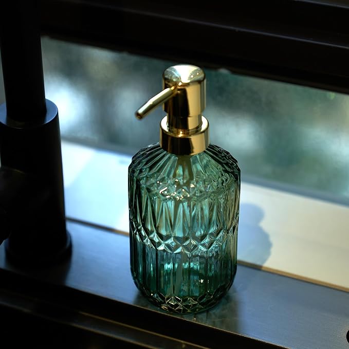 Glass Soap Dispenser Green Bottle Gold Plastic Pump Refillable Kitchen Sink - Image 9