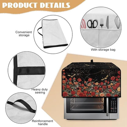 Red Rose Bat Cobweb Print Microwave Oven Dust Cover Polyester-Linen Fabric Dust Cover for Microwave Oven Universal Dust-Proof Kitchen Appliance Protector Fits Most Microwaves, L