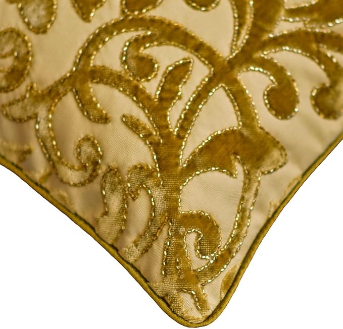 The HomeCentric King/Queen/Twin Beige Gold Decorative Bed Runner Full 68"x18" Bed Runner with One Pillow Cover, Cut Velvet, Beaded Bed Scarf on Velvet Fabric - Serene Symphony