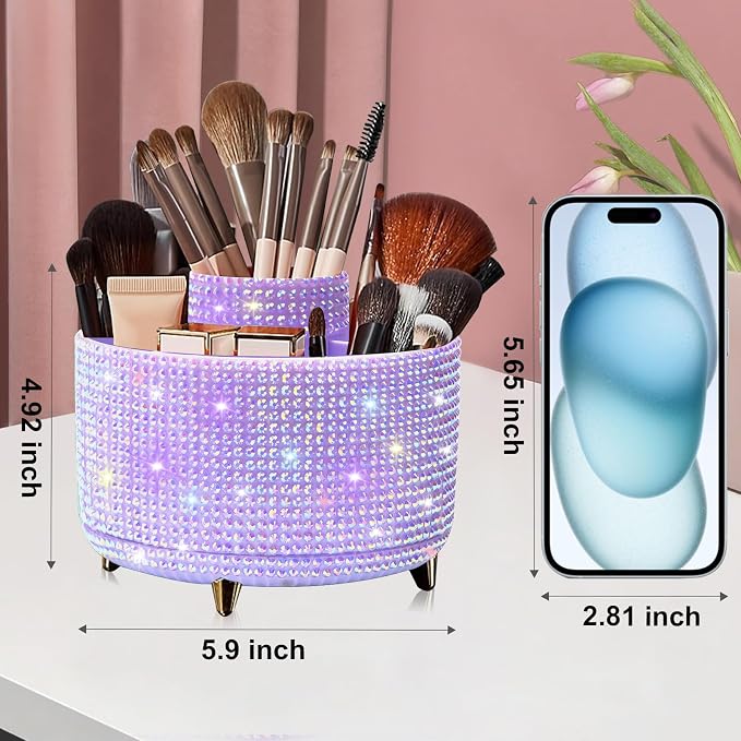 Diesisa Bling Diamond 360° Makeup Brush Holder Organizer, Rotating Makeup Brush - Image 6