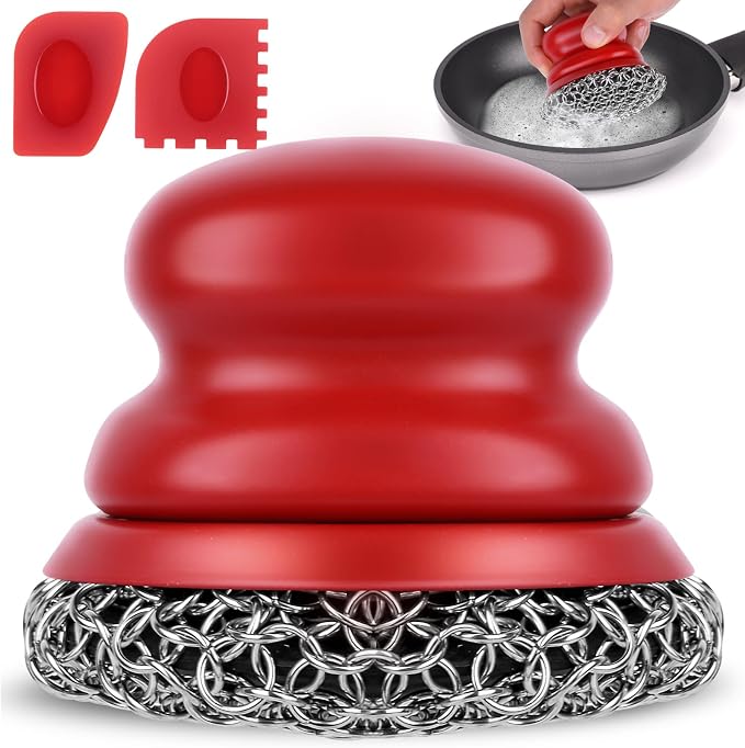 Onewly Cast Iron Scrubber and Scraper, Chain Mail Scrubber Cast Iron by Onewly