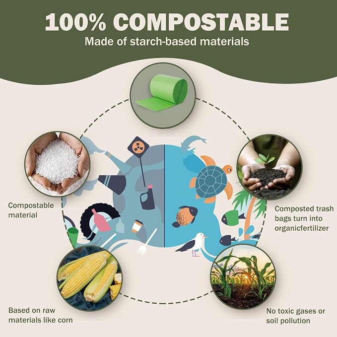 Compostable Trash Bags, 2.6 Gallon, 100% Compost Waste Bags - Image 4