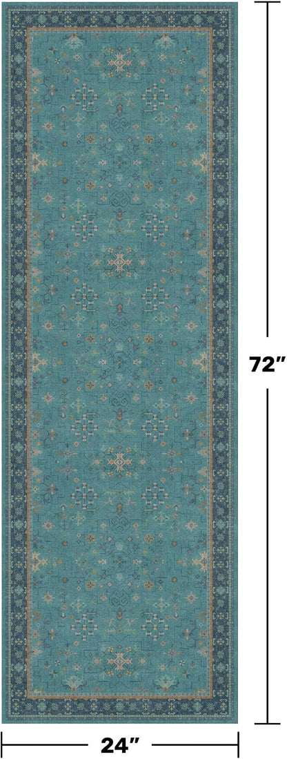 Boho 2x6 Non Slip Kitchen Rug Runner - Teal Washable Rug for Bathroom, Laundry Room, Hallway, Non Slip with Rubber Backing, Floral Aqua Blue Unique Runner Décor