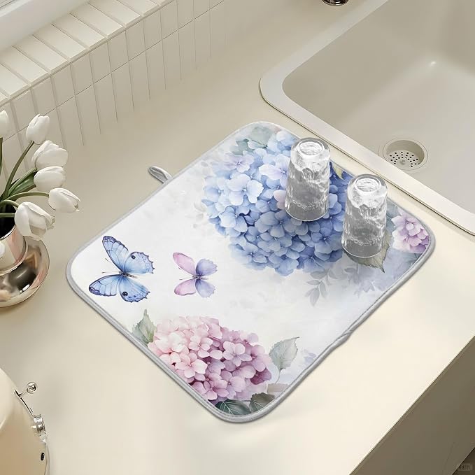 Blue Pink Hydrangea Spring Floral Dish Drying Mat - Image 7