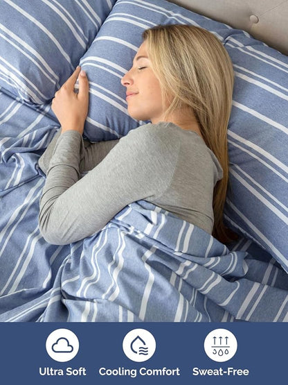 Extra Deep Pocket Cal King Sheets - 4 Piece Breathable & Cooling Bed Sheets - Hotel Luxury Bed Sheet Set - Soft, Wrinkle Free & Comfy - Easily Fits Extra Deep Mattresses - Blue Striped Sheets Set