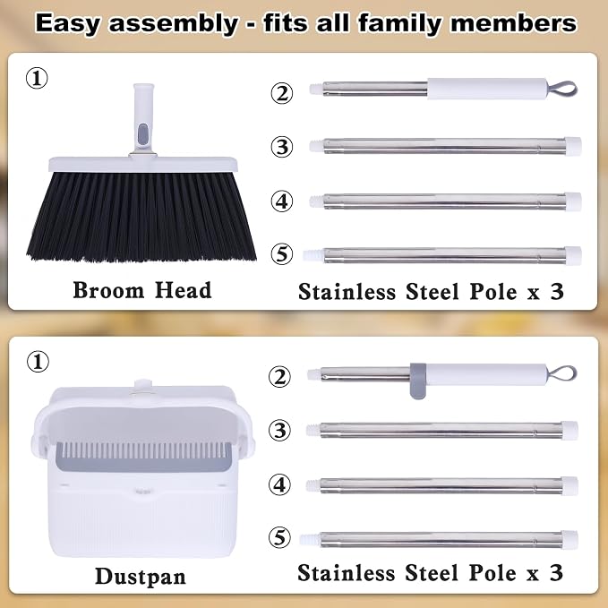 Heavy Duty Broom and Standing Dustpan Combo Set, Rotatable Head Dust Pan and - Image 8
