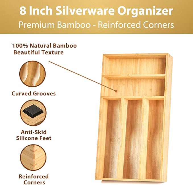 Umilife Bamboo Kitchen Drawer Organizer, 8 Inch Silverware Utensils Tray Holder - Image 2