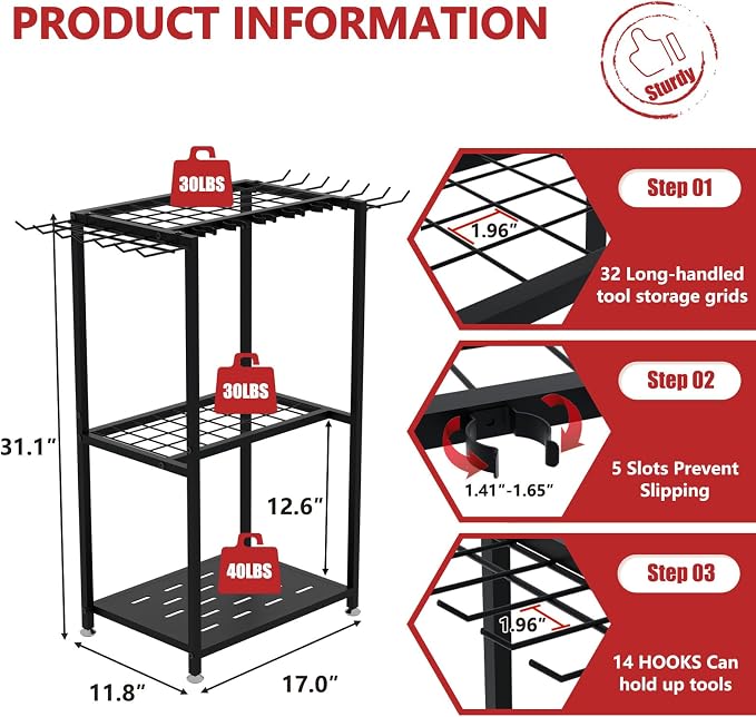 Garden Tool Organizer, 3-Tier Metal Yard Tool Rack - Image 3