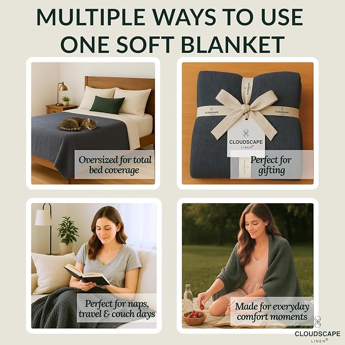 Cloud Scape Linen Oversized 4 Layer Muslin Blanket Queen Size - 100% Cotton, Lightweight & Breathable All Season Gauze, Pre-Washed, fits Full Bed, 92x92, Dark Grey