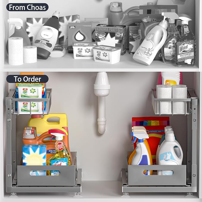 L-Shaped Under Sink Organizer, 2-Tier Pull Out Metal Kitchen Cabinet Organizer - Image 2