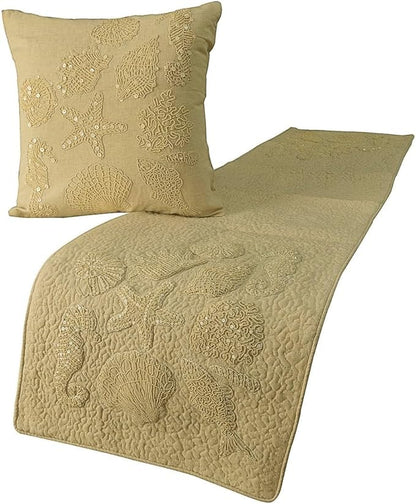 The HomeCentric King Queen Twin Beige Handmade Queen 74"x18" Bed Runner with 2 Pillow Cover, Pearl Embroidery Bed Scarf on Linen Fabric - Off to The Sea