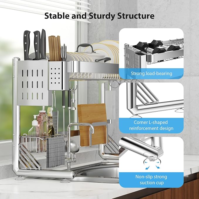 Over The Sink Dish Drainer Drying Rack, 2 Tier Adjustable Width 304 Stainless - Image 3