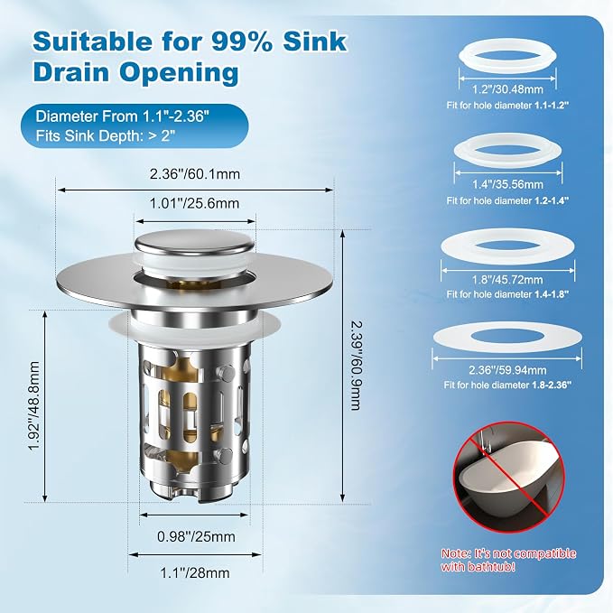 Hibbent 2 Pack Universal Bathroom Sink Drain Strainer, 3 in 1 Pop Up Stopper - Image 7