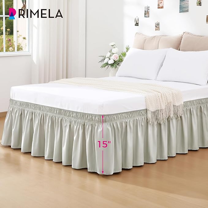 RIMELA Light Grey Bed Skirt King Size 15 Inch Drop, Wrap Around Elastic Bedskirt, Dust Ruffle for Adjustable Bed Base Machine Washable Easy to Install Bed Skirts