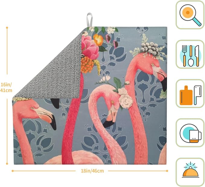 Flamingo Flowers Dish Drying Mat 16x18 Inch, Microfiber Absorbent Fast Dry Mat - Image 2