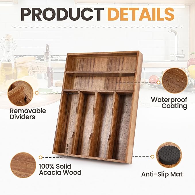 Acacia Wood Silverware Drawer Organizer, 12 Inch Adjustable Cutlery Tray - Image 4