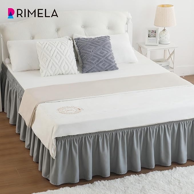 RIMELA Gray King Size Bed Skirt 25 Inch Drop, Elastic Bed Skirts Cal King Dust Ruffle, Light Grey Bedskirt for Adjustable Bed Base Solid Fade Resistant Silky Fabric Machine Washable Easy to Install