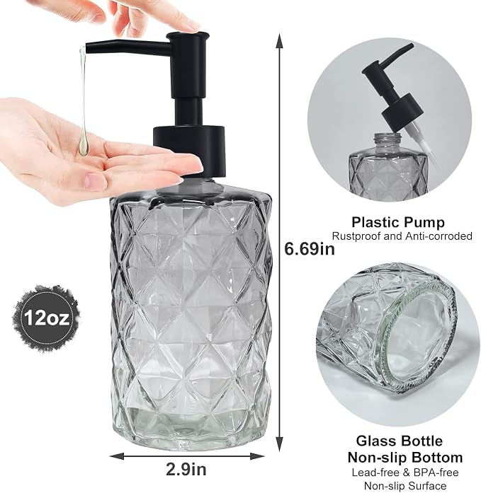 Crystal Glass Soap Dispenser, 12oz Gradient Grey Bathroom Hand Dispenser - Image 2