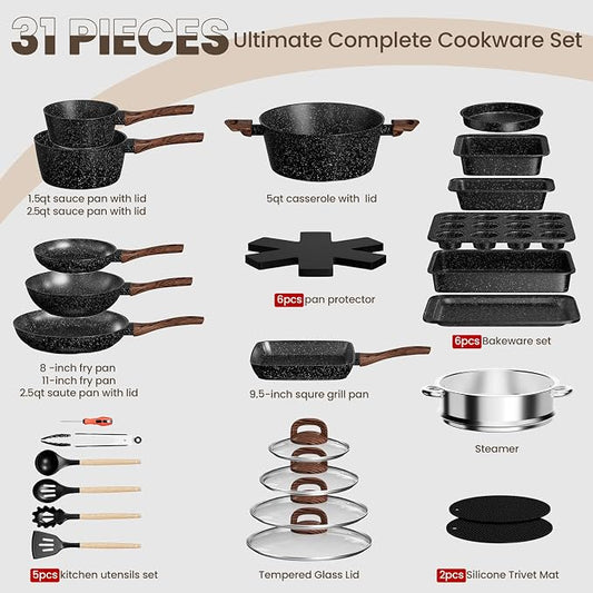 Pots and Pans Set Non Stick, 31 Piece Kitchen Induction Cookware & Bakeware Set - Image 2