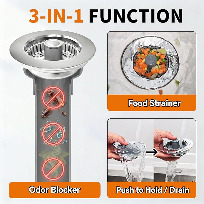 Solid Brass Body 3-in-1 Kitchen Sink Drain Strainer & Stopper, Heavy Duty Pop - Image 3