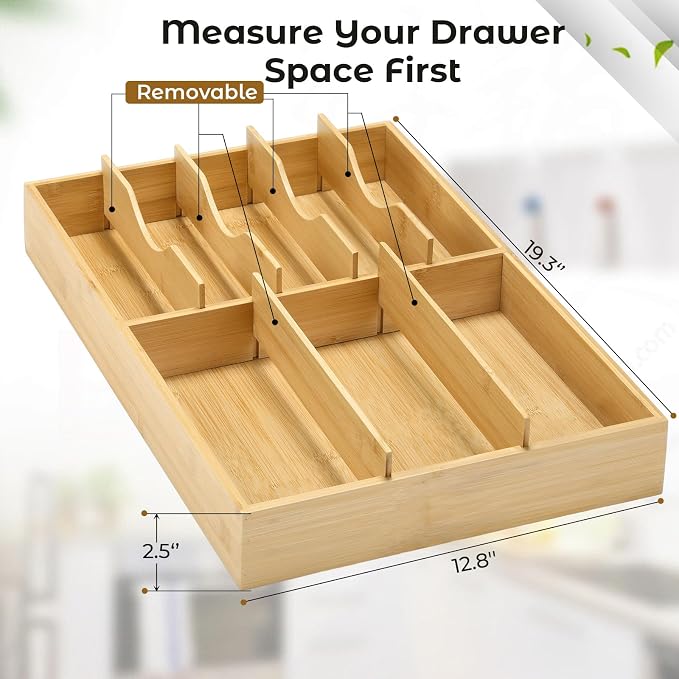 Fabsome Silverware Organizer for Kitchen Drawers, 2.5'' Deep 12.8'' Wide Bamboo - Image 2