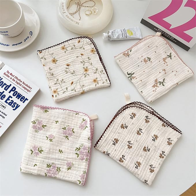 BuLuTu 4 Pack Cotton Muslin Cleaning Towels Shabby Chic Floral Washcloths - Image 3