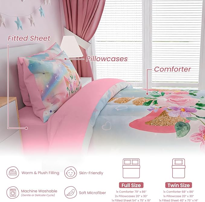 SANDJEST Unicorns Bedding Set for Girls Kids Teen Tween, Ultra Soft Microfiber Comforter Set Full Size with 4-Pieces, Comforters Bed Sets Bedroom Decor