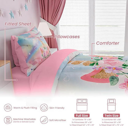 SANDJEST Unicorns Bedding Set for Girls Kids Teen Tween, Ultra Soft Microfiber Comforter Set Full Size with 4-Pieces, Comforters Bed Sets Bedroom Decor