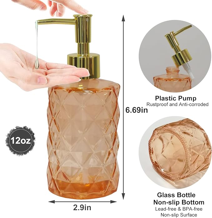 Glass Soap Dispenser with Gold Plastic Pump, 12oz Refillable Liquid Hand Soap - Image 2