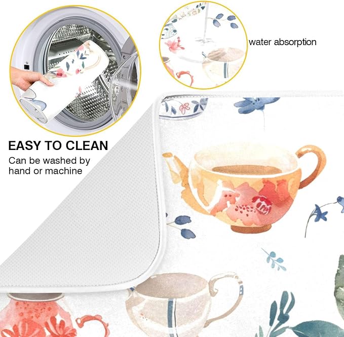 Watercolor Tea Cups Teapots Dish Drying Mat - Image 2
