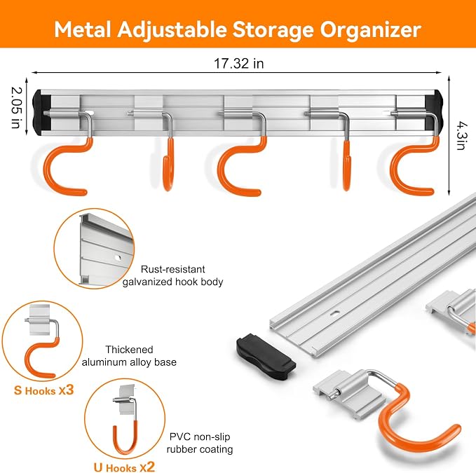 34.5'' Aluminum Alloy Garden Tool Organizer Wall Mount Garage Organizers and - Image 2