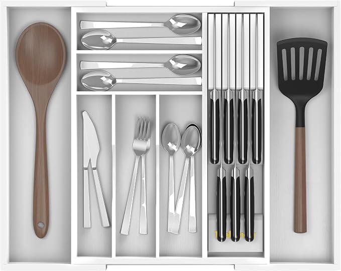 Bamboo Kitchen Drawer Organizer, Expandable Utensil Organizer by Thalomely