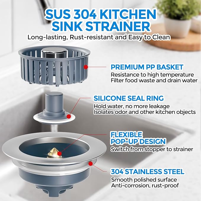zaa 2 Pack Sink Drain Strainer, Sink Stopper, 3 in 1 Stainless Steel Kitchen - Image 5