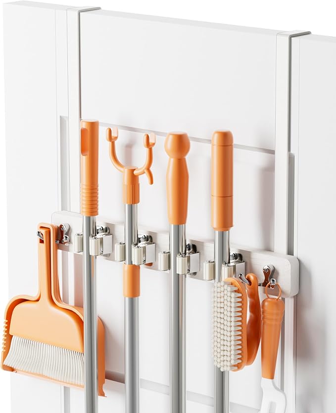 Mop and Broom Holder Wall Mount, No Drill Over the Door Broom and Mop Holder by Vosturdy
