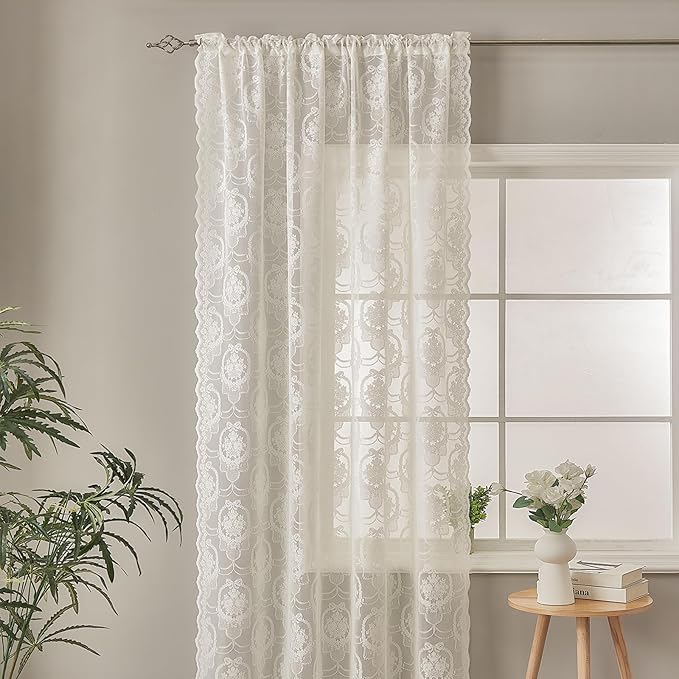 Ivory Vintage Country Floral Lace Sheer Curtains 63 Inches Long -Rod Pocket Light Filtering French Privacy Scalloped Edges Rod Pocket Boho Bedroom ，52 x 63 Inch, 2 Panels