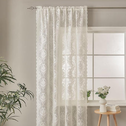 Ivory Vintage Country Floral Lace Sheer Curtains 63 Inches Long -Rod Pocket Light Filtering French Privacy Scalloped Edges Rod Pocket Boho Bedroom ，52 x 63 Inch, 2 Panels