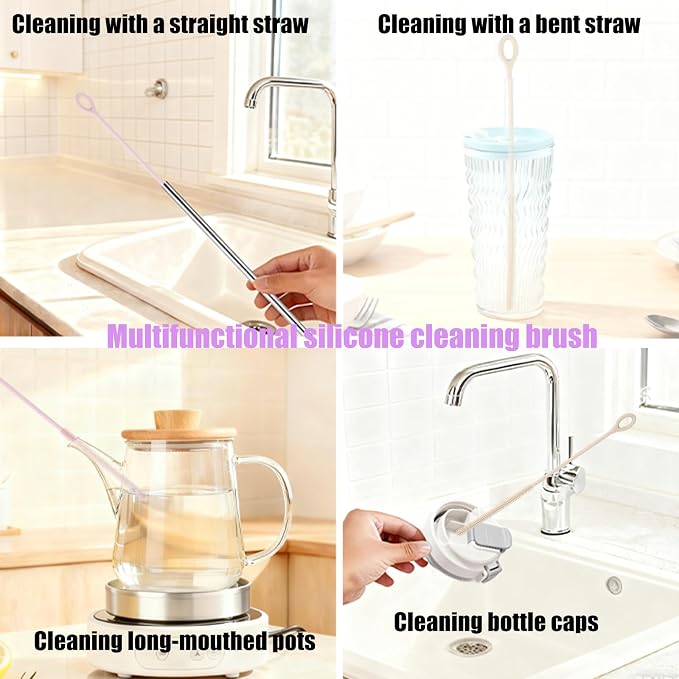 4Pcs Reusable Silicone Straw Cleaner Brush Extra Long, Soft Bendable, Non-Slip - Image 5