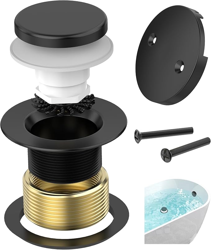 Matte Black Tub Drain Kit with Hair Catcher, Premium Brass Tip-Toe Bathroom Tub by AllProducts