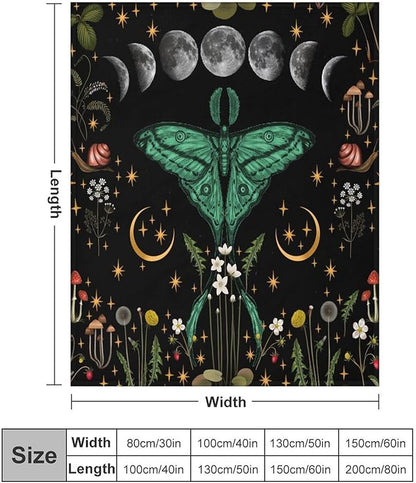 Moon Phase Moth Blanket, Vintage Botanical Mushroom Wildflower Gothic Night Moonlit Mysterious Witchy Throws Blanket for Sofa Bed Couch Chair, 40"x50"