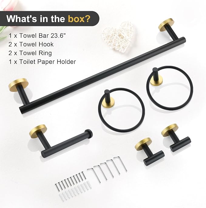 TQKAG Black and Gold Bathroom Hardware Set 6-Piece Bathroom Accessory Set 23.6 - Image 8