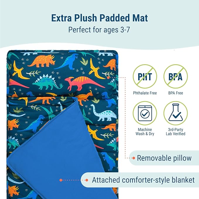 Wildkin Kids Original Nap Mat – Cozy Kids Sleep Mat with Pillow, Ideal for School & Travel - Jurassic Dinosaurs
