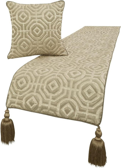 The HomeCentric King/Queen/Twin Beige Designer Queen 74"x18" Bed Runner with 2 Pillow Cover, Textured Bed Scarf on Silk Fabric - Hexagonal Norma