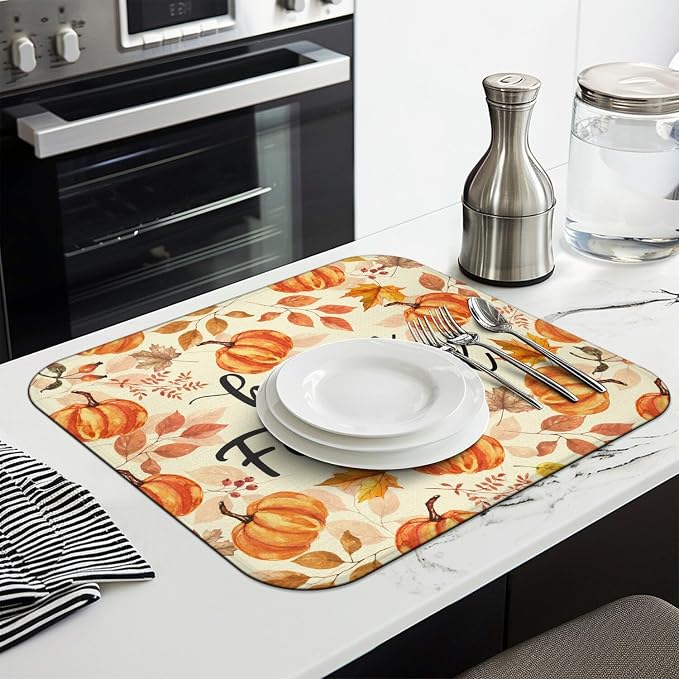 Fall Dish Drying Mat for Kitchen Counter, Autumn Pumpkin Maple Leaf Pattern - Image 4