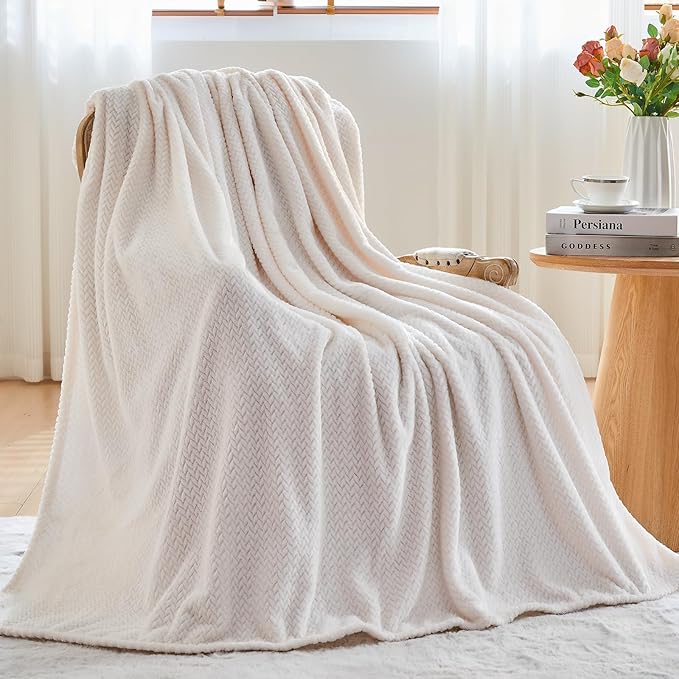 NEWCOSPLAY Super Soft Queen Blanket Ivory Premium Silky Flannel Fleece Leaves Pattern Lightweight Bed Blanket All Season Use (Ivory, Queen(90"x90"))
