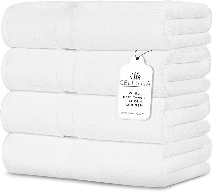 600 GSM 100% Cotton Bath Towels, Highly Absorbent, Quick Dry, 4 Pieces Combed by VillaCelestia