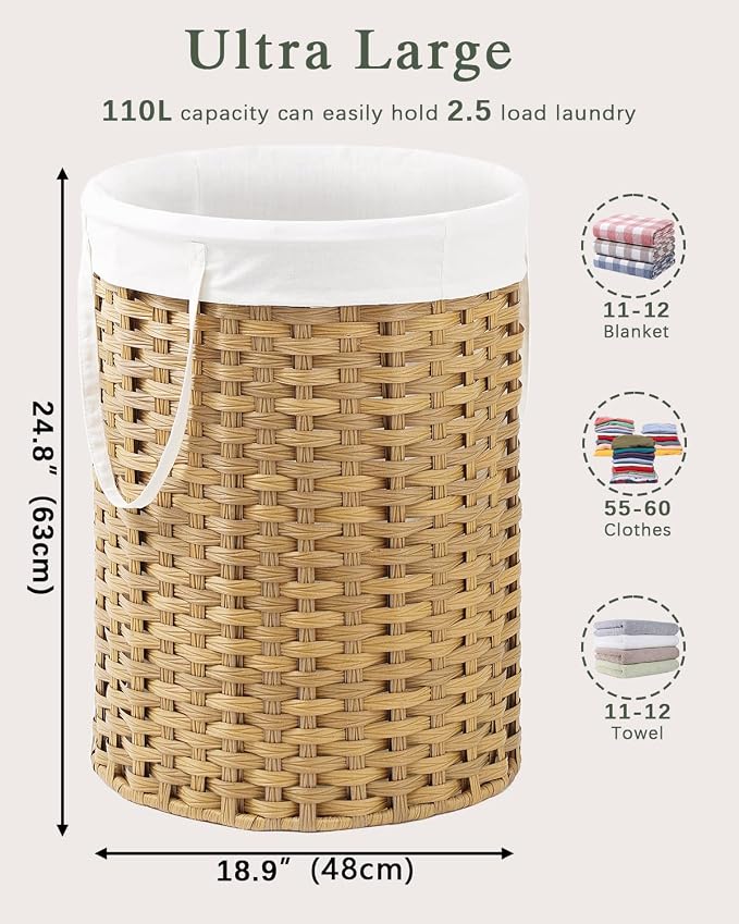 Laundry Basket Round Rattan Laundry Hamper 29.1 Gal Handwoven Large Wicker - Image 5