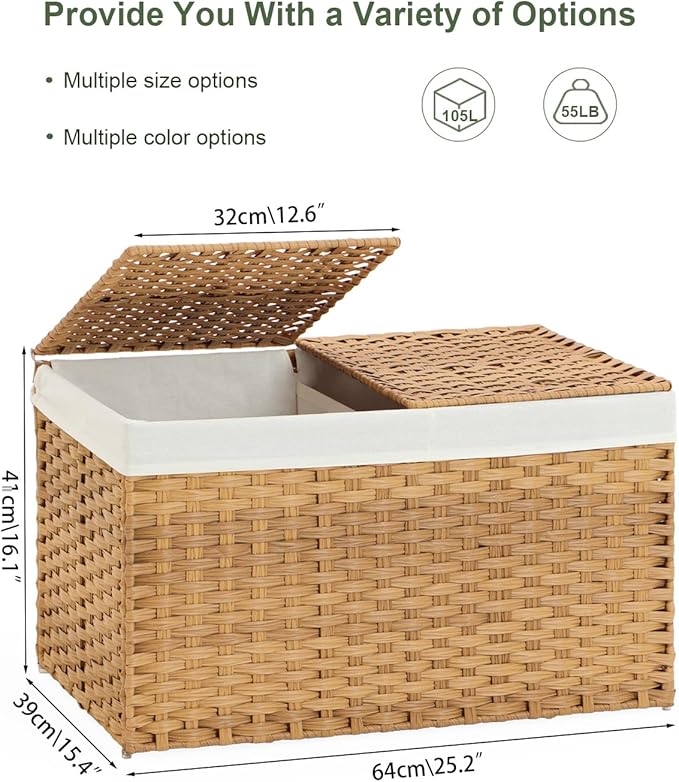 Storage Basket with Lid Rattan Storage Basket with 2 Separate Lid, 27.8 Gallon - Image 4