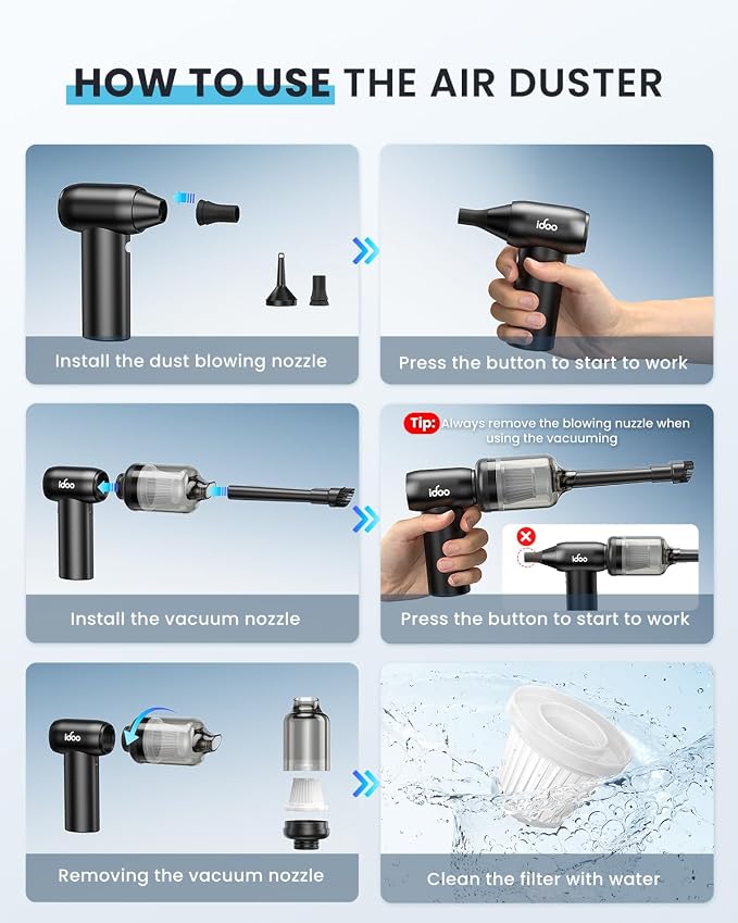 iDOO Compressed Air Duster, Cordless Electric Canned Duster, Portable Vacuum - Image 7