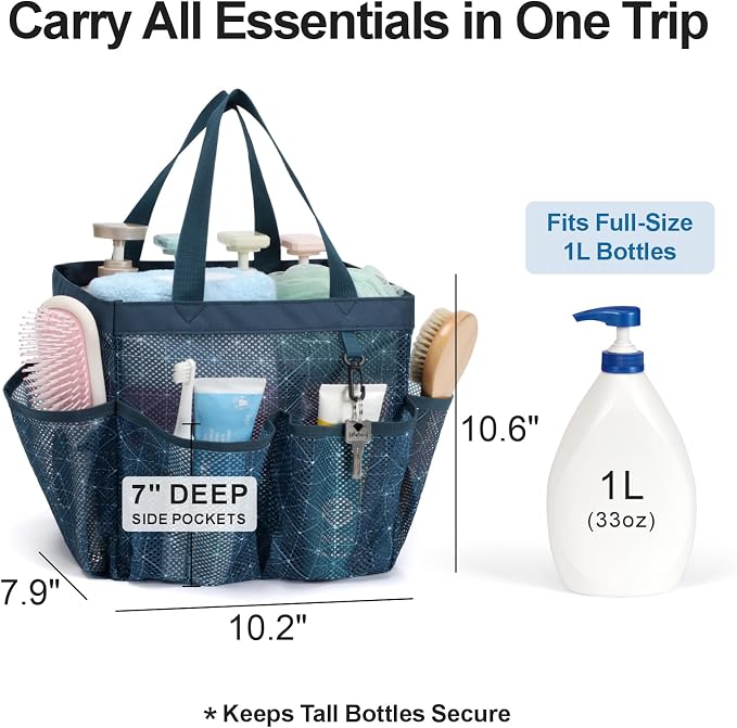 F-color Mesh Shower Caddy Portable, Upgrade Deeper 7 Pockets Shower Bag Basket - Image 2